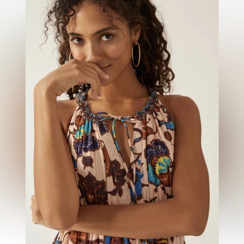 Anthro Love the label V-neck tiered ruffled maxi dress browns blues floral New S - Picture 8 of 16